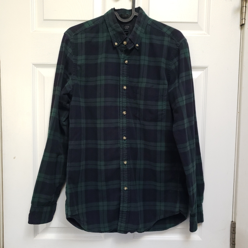 J Crew Navy Green Plaid Long Sleeve Cotton Oxdord Slim Button Down Shirt